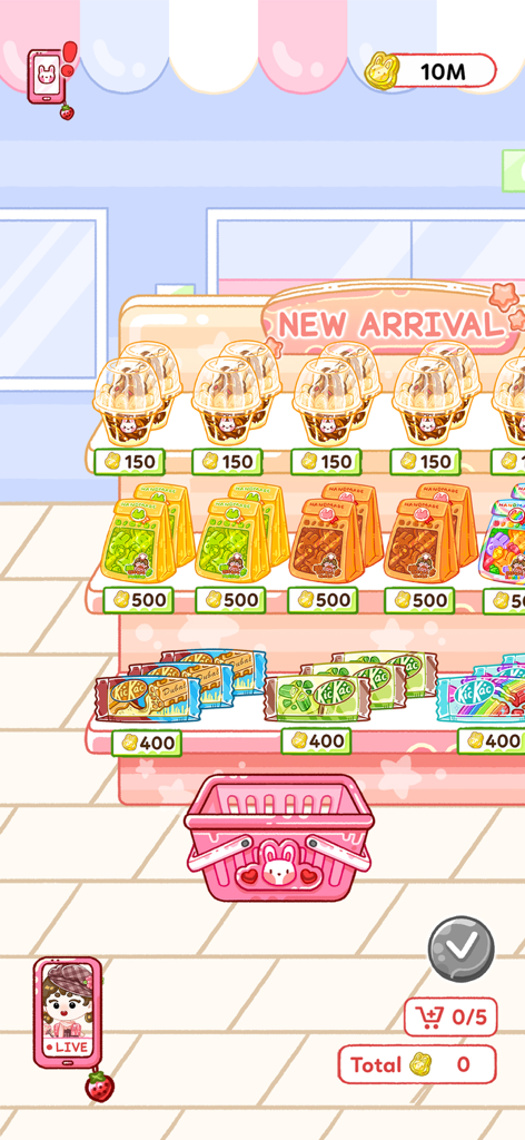 In-game supermarket shelf with various snacks and a pink shopping basket in Jelly Master Mukbang ASMR.