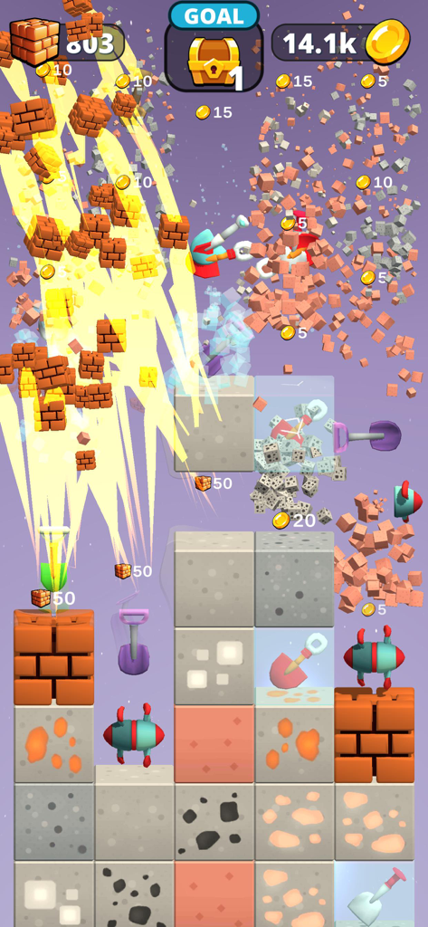 Merge and Dig - Screenshot di gioco ricco d'azione di Merge and Dig che mostra strumenti che sfondano strati di blocchi e raccolgono monete d'oro.