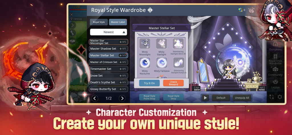 MapleStory M character customization menu showing royal style wardrobe and anime fashion items.