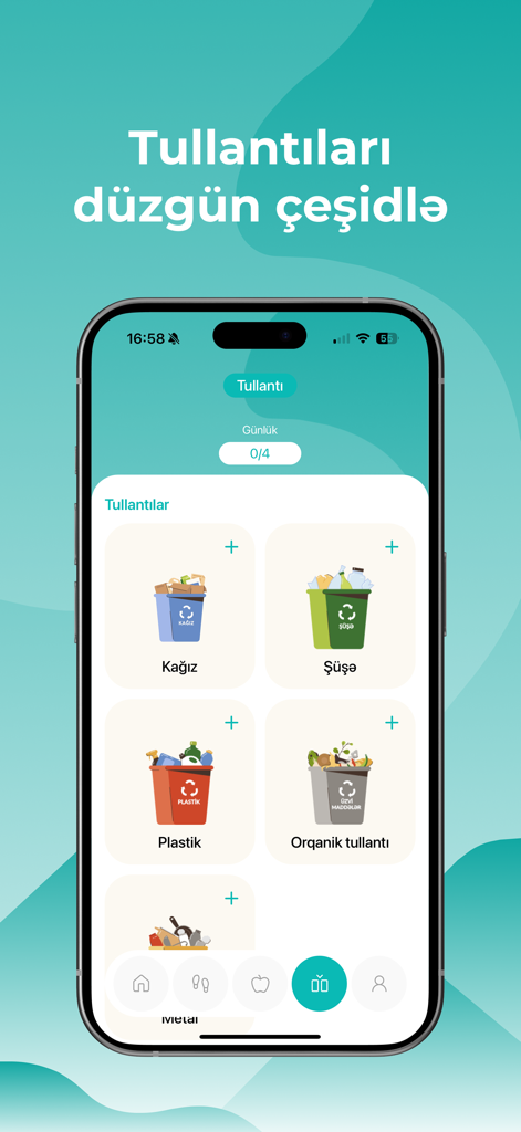 Ecotracker - Interfaz de la aplicación móvil de Ecotracker que muestra categorías para clasificar residuos, incluyendo papel, vidrio, plástico y materiales orgánicos.