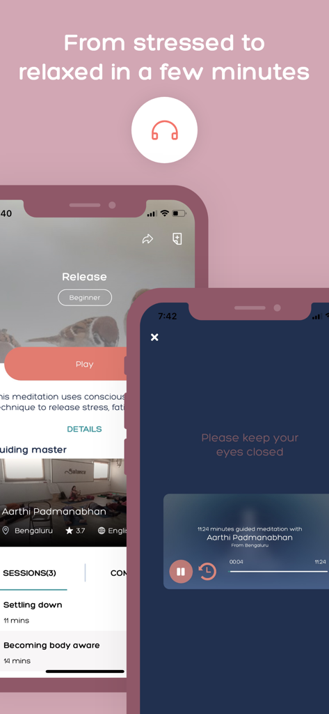 AUMHUM app interface featuring a guided meditation session and audio player.