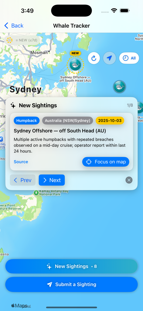 Whale Tracker - Whale Tracker app interface showing a humpback whale sighting report on a map of Sydney Australia
