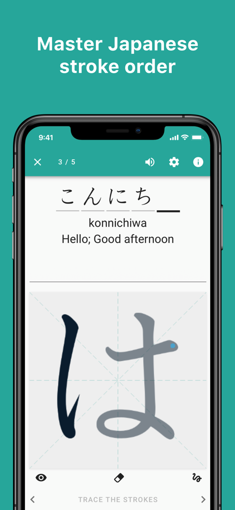 A mobile interface of the Skritter app showing a user practicing Japanese hiragana character writing with a guide for the word konnichiwa.