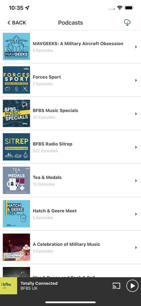 A list of military and defense-themed podcasts available on the BFBS Radio mobile app.