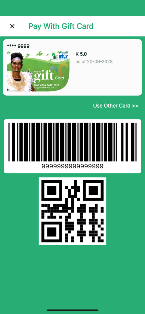 VCGC - Digital payment screen in the VCGC app showing a gift card with a barcode and QR code for scanning at checkout.