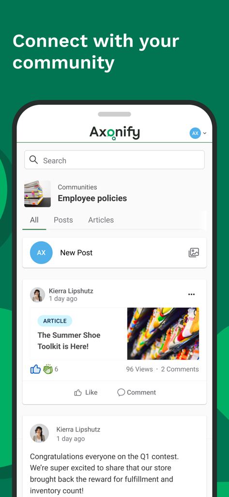 Axonify Mobile app interface showing an internal employee community feed with posts and articles