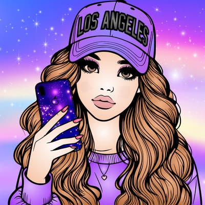 realistic beautiful girl wearing los ángeles cap holding an iphone