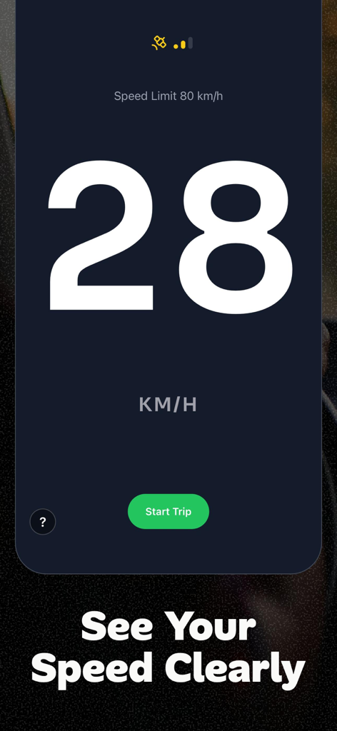 GPS Speedometer & Speed HUD - Interfaz de la aplicación Velocímetro GPS con texto grande de alto contraste que muestra la velocidad actual y el límite de velocidad