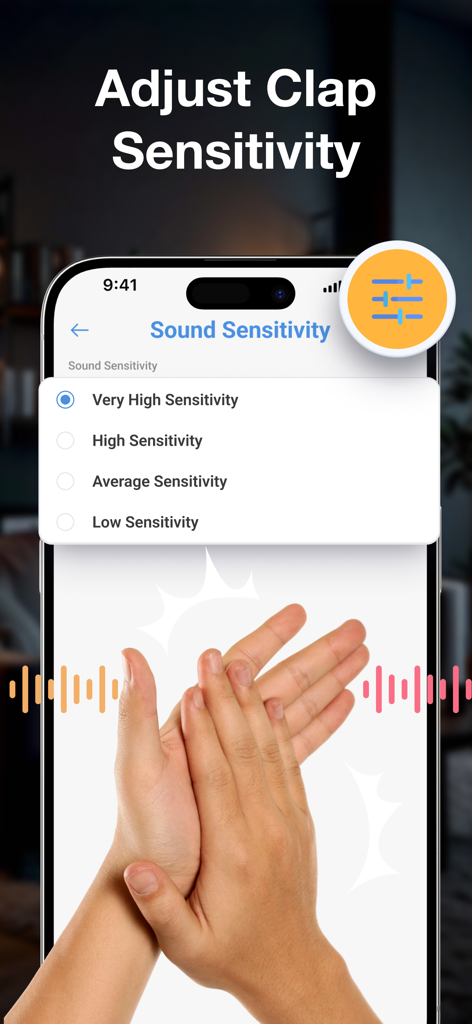 iPhone screen showing sound sensitivity options and a clapping hands illustration for the Find My Phone By Clapping app
