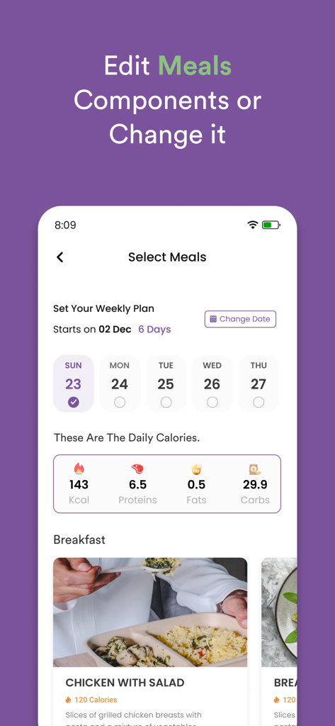 Fit Fuel - فت فيول - Fit Fuel app screen showing a weekly meal plan with nutritional values for proteins, fats, and carbs and a breakfast selection for chicken with salad.