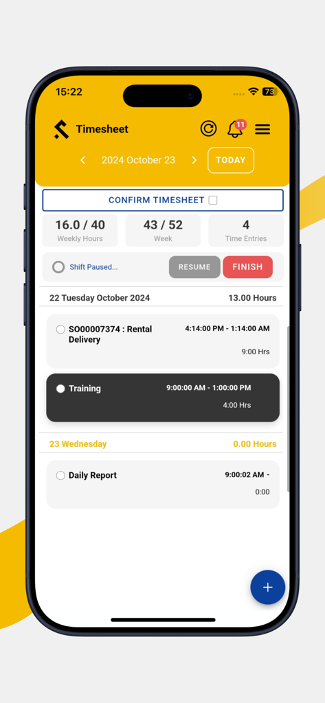 Mobile timesheet screen for Shepherd CMMS showing work hours and time logs.