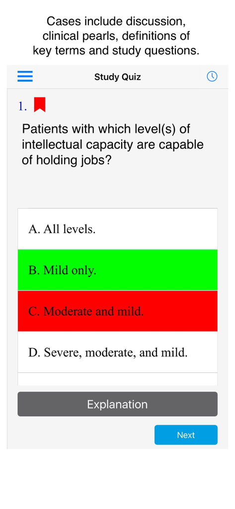 A multiple choice psychiatry question within the Case Files study quiz interface showing correct and incorrect answer feedback
