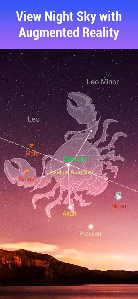 Star Walkアプリで、かに座の星座と惑星の拡張現実（AR）ビュー