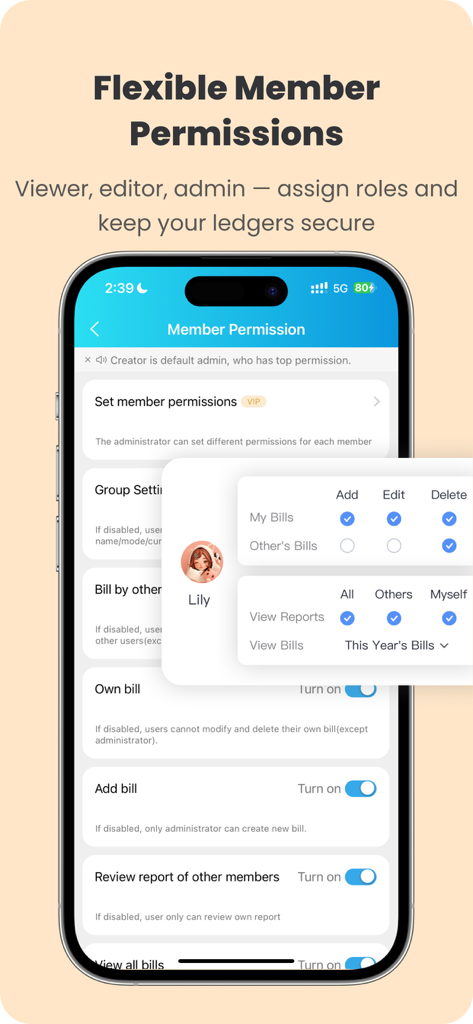 BestTracker - 百事AA记账 - BestTracker의 공유 장부에 대한 유연한 회원 권한 설정을 보여주는 모바일 앱 화면