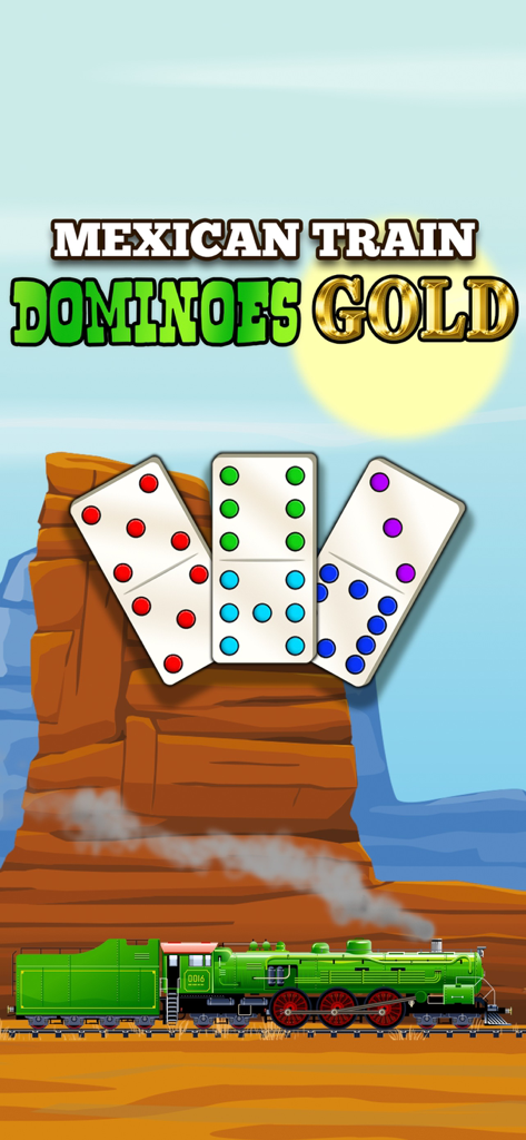 Mexican Train Dominoes Gold - Mexican Train Dominoes Gold game splash screen featuring three dominoes and a green steam train in a desert landscape