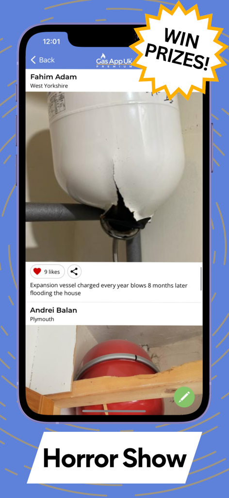 Screenshot of Gas App Uk's Horror Show feature showing photos of failed plumbing work and information on winning prizes.