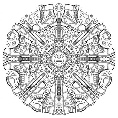 Unleash your creativity with this unique work boots mandala coloring page, perfectly designed for teens. This intricate symmetrical design blends sturdy work boots with industrial elements for an engaging coloring challenge.