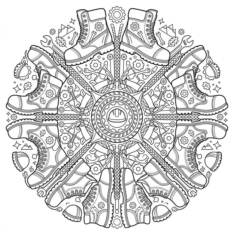 Unleash your creativity with this unique work boots mandala coloring page, perfectly designed for teens. This intricate symmetrical design blends sturdy work boots with industrial elements for an engaging coloring challenge.