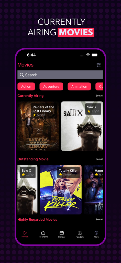 Mobile interface of the Netmirror app showing a list of currently airing movies with categories like action and adventure