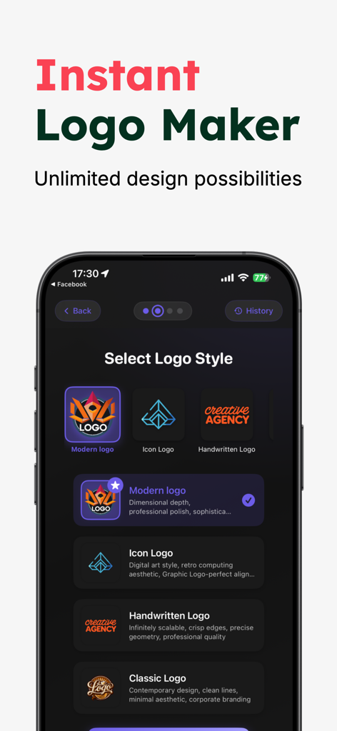 AI Logo & Design Creator - Interfaz de la aplicación AI Logo and Design Creator que muestra una variedad de opciones de estilo de logo como Moderno e Icono de Logo