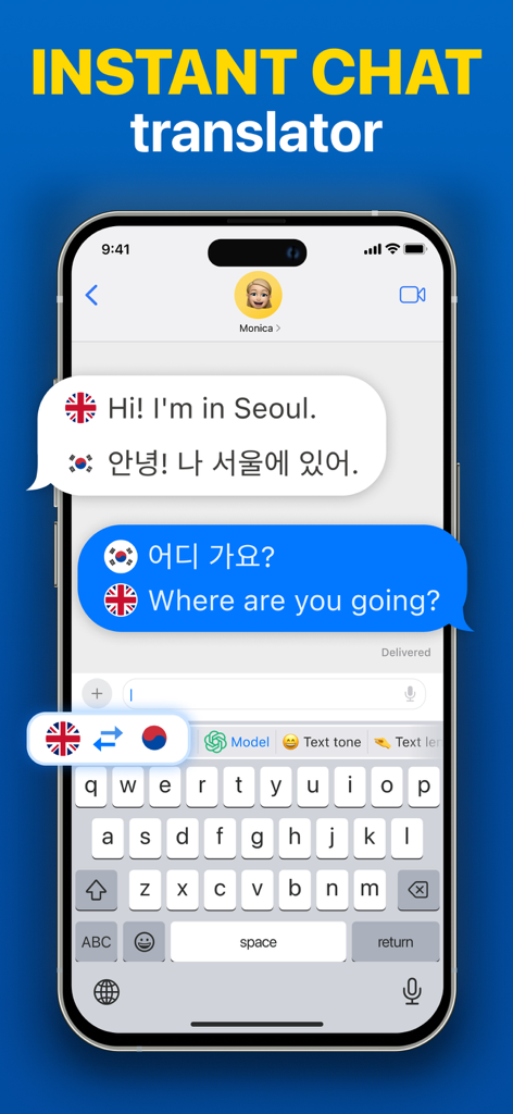 AI Translator Keyboard Instant - Instant chat translator showing real-time English to Korean translation in a messaging app