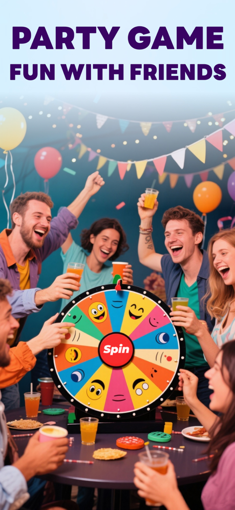 Spin Wheel & Ruleta Para Rifas - Un groupe de jeunes amis riant et jouant avec une roue de la fortune emoji colorée lors d'une fête