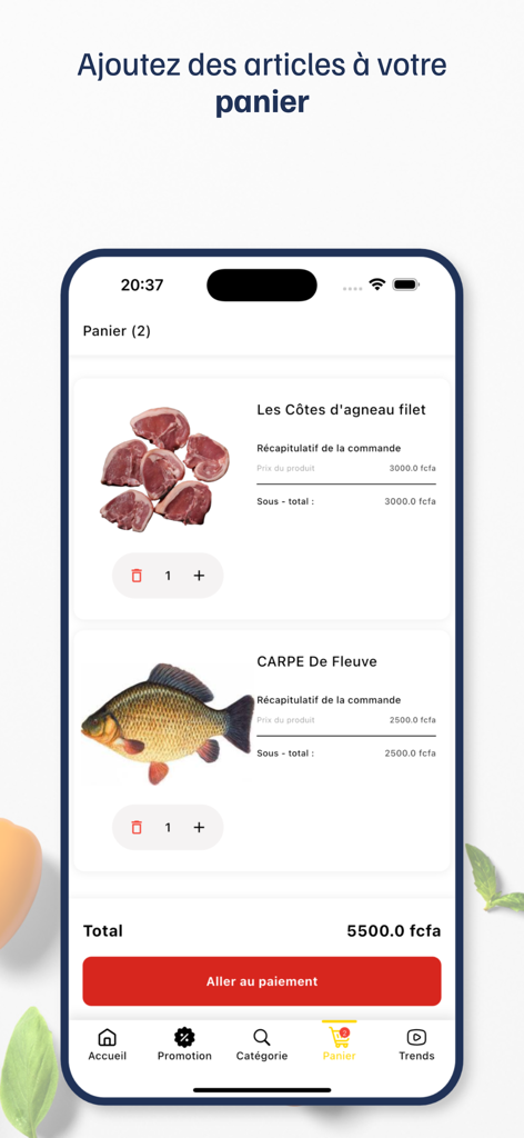 Shopreate - Store - Shopreate app interface showing a shopping cart with food items and total price