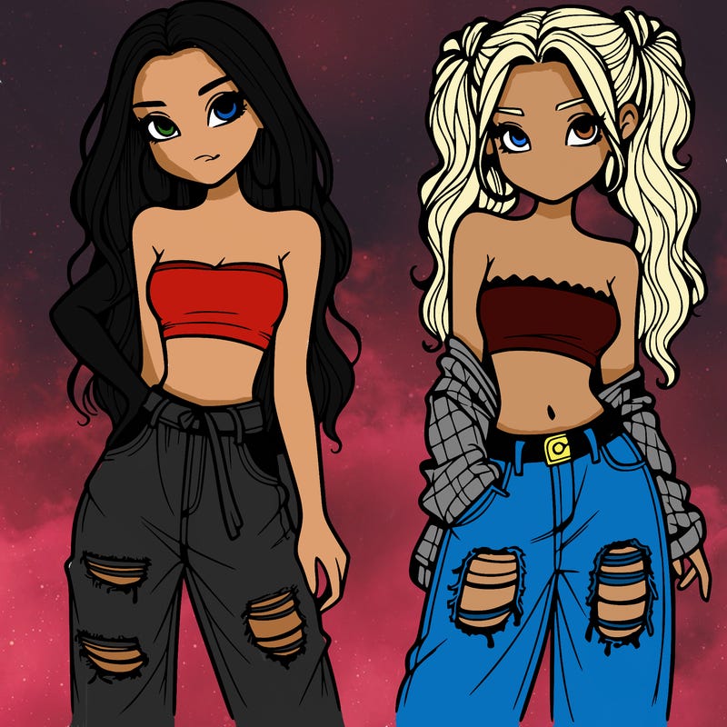 2 girls in crop tops and baggy jeans ripped