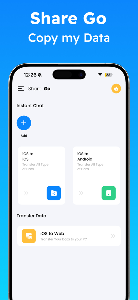 Share Go Mobile Data Transfer - Interfaz principal de la aplicación Share Go que muestra opciones para la transferencia de datos de iOS a Android y a la Web