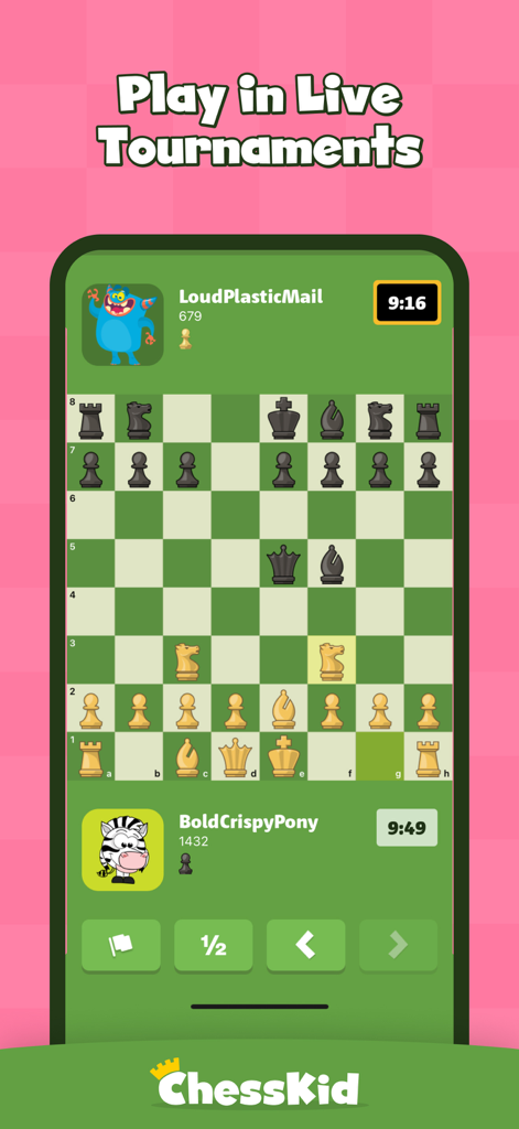 Chess for Kids: Learn to Play - A live chess game match on the ChessKid app featuring cartoon avatars and a green chessboard.