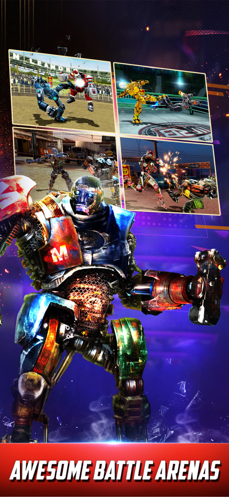 World Robot Boxing - Un poderoso campeón robot de pie frente a varias tomas de acción de robots luchando en diferentes arenas.