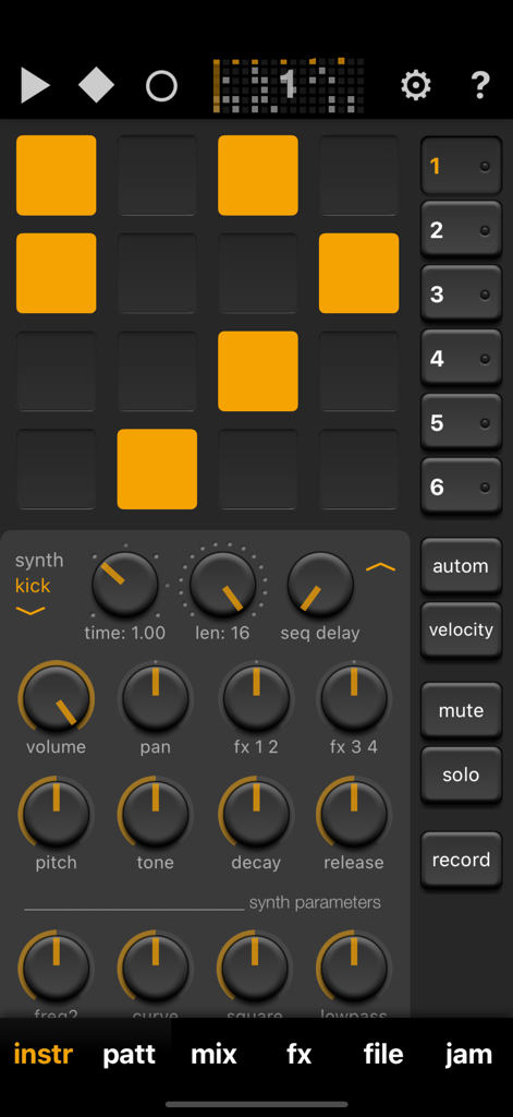 Elastic Drums - Interface of Elastic Drums app featuring a sequencer grid and various synth parameter knobs