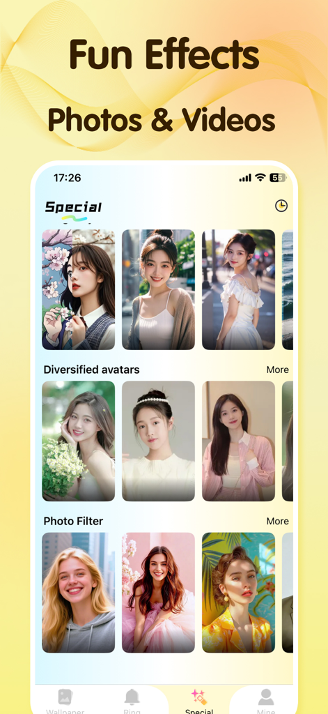 PopWallpaper-Massive & Unique - PopWallpaper app screen displaying AI photo filters and diversified avatar styles