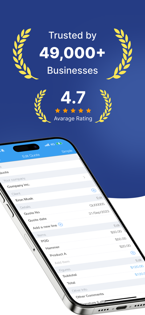 Job Quote Maker App-Oberfläche mit hohen Benutzerbewertungen und Vertrauenswürdigkeitsstatus