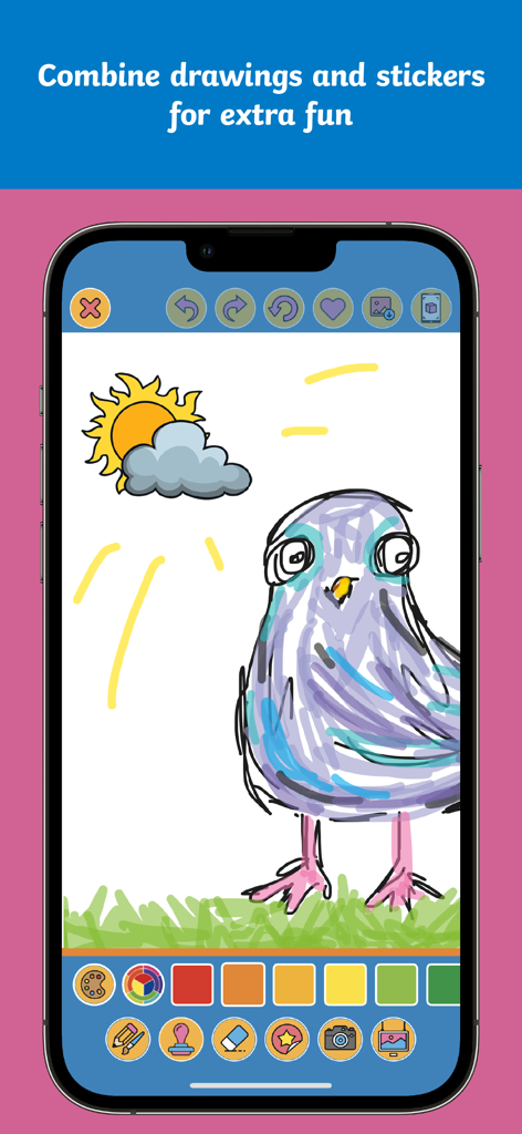 Twinkl ARt Studio - Twinkl ARt Studio app interface showing a drawing of a bird with sun and cloud stickers