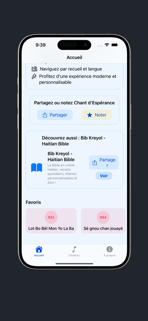 Chants Desperance - Home interface of the Chants Desperance app showing hymn favorites and a link to the Haitian Bible app on an iPhone