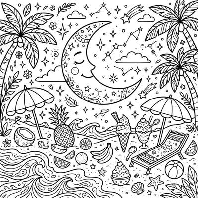 Immerse yourself in a magical summer evening with this charming coloring page. It beautifully combines a serene crescent moon with a vibrant beach landscape, perfect for a relaxing creative escape.