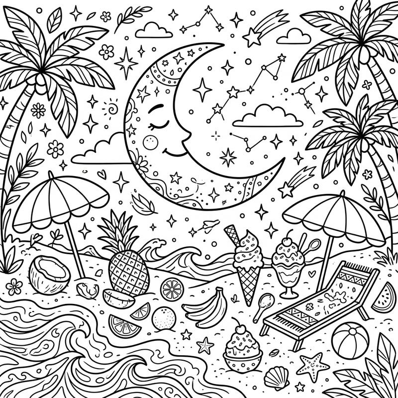 Immerse yourself in a magical summer evening with this charming coloring page. It beautifully combines a serene crescent moon with a vibrant beach landscape, perfect for a relaxing creative escape.