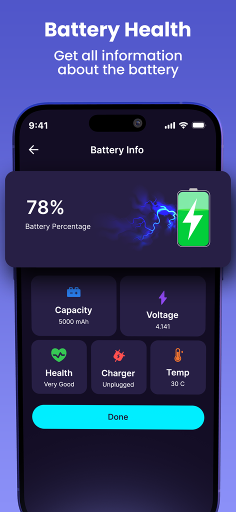 Eine mobile Benutzeroberfläche, die detaillierte Batteriezustandsstatistiken anzeigt, einschließlich Kapazität, Spannung und Temperatur