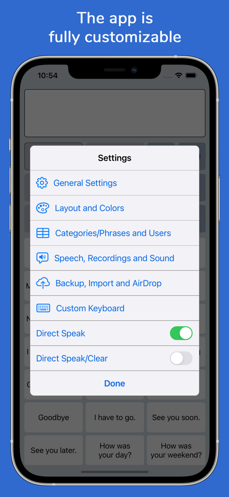 Menu delle impostazioni dell'app Speech Assistant AAC su iPhone che mostra varie opzioni di personalizzazione.