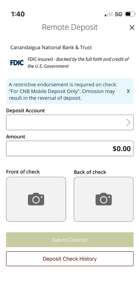 CNB Mobile Online Banking - Remote check deposit interface in the CNB mobile banking app showing account selection and check photo capture fields