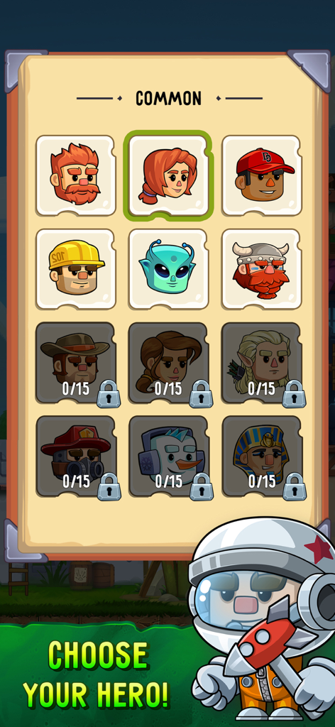 Dig Out! Mine Adventure - Character selection screen in Dig Out Mine Adventure showing a variety of unlocked and locked miner heroes.