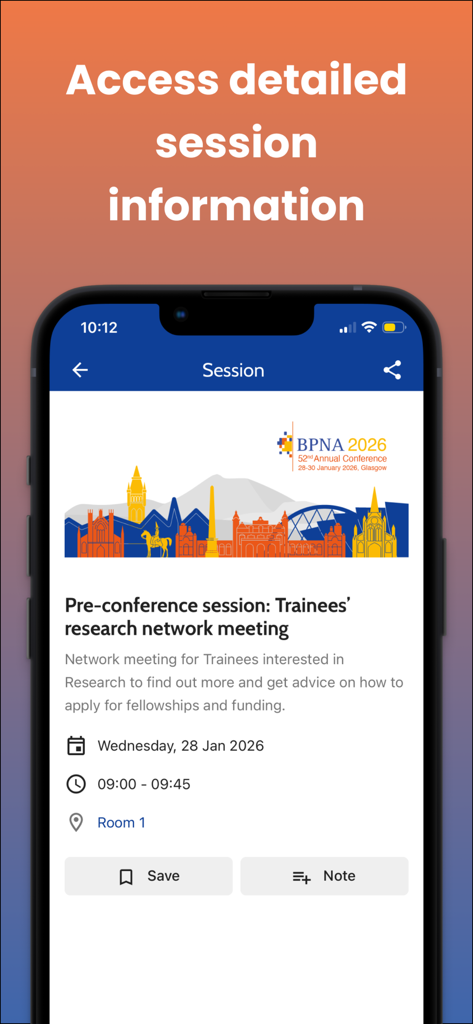 BPNA app interface showing details for a pediatric neurology conference session including date time and location