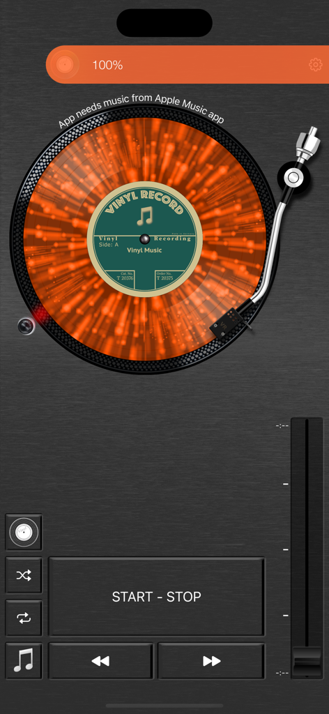 Vinyl Record - Digital turntable interface with a spinning orange vinyl record and music playback controls