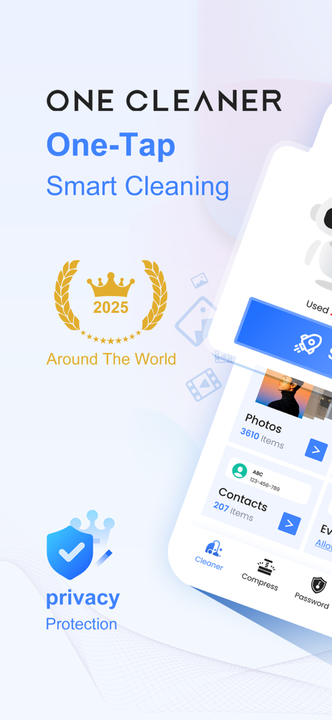 Interfaz de la aplicación One Cleaner que muestra la función de limpieza inteligente de un toque con protección de privacidad y el distintivo de premio global 2025.