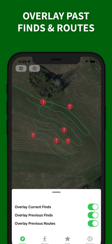 LuckyFind: Metal Detecting App - LuckyFind app satellite map displaying tracked metal detecting routes and pinned finds