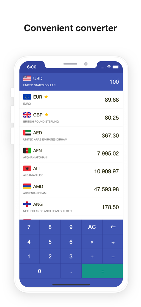 Affichage de l'application Convertisseur de Devises Mondial avec taux de change en direct et calculatrice intégrée