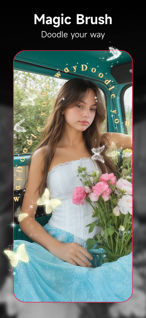 Meitu app Magic Brush feature showing a portrait with glowing butterfly stickers and text doodles