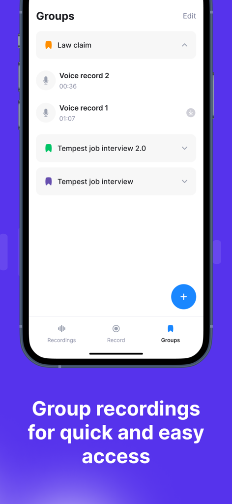 Una captura de pantalla de la interfaz de la aplicación Rec-all que muestra grabaciones de llamadas organizadas en grupos personalizados, como reclamaciones legales y entrevistas de trabajo