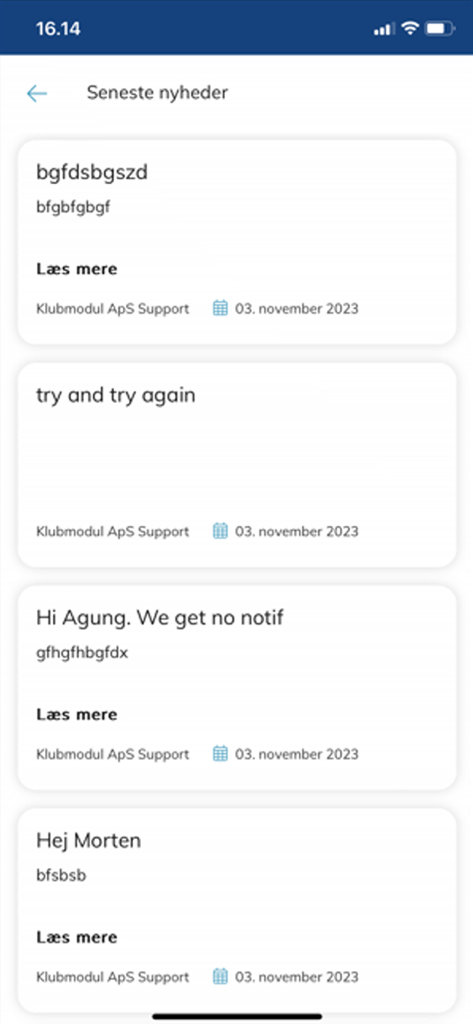 Mobiler Bildschirm der Klubmodul App, der eine Liste von Nachrichten-Updates und Mitteilungen vom Support anzeigt